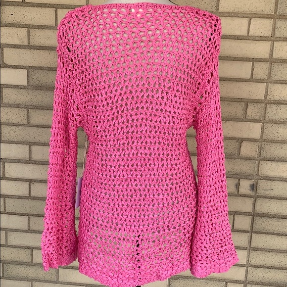 O&O Pink Open Net Long Bell Sleeve Front Pocket Tunic Top NWT - Picture 5 of 13